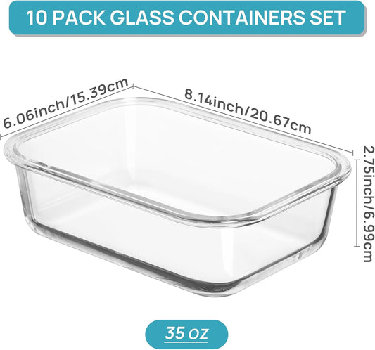 Vtopmart Glass Storage Containers with Lids, Meal Prep Food Container Sets, Lunch Box with Snap Airtight Lid for Microwave, Oven, Freezer and Dishwasher (10pack 35oz)