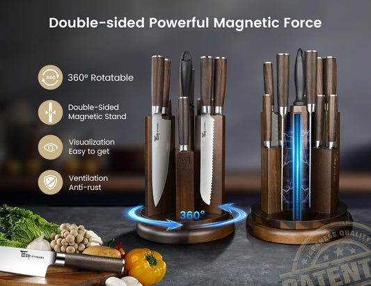 Kitchen Knife Set with Magnetic Block and Sharpener 14 Piece Knife Set 360° Rotatable Holder Ultra Sharp High Carbon Stainless Steel Knives Sets with Steak Knives, Anti-slip Ergonomical Handle