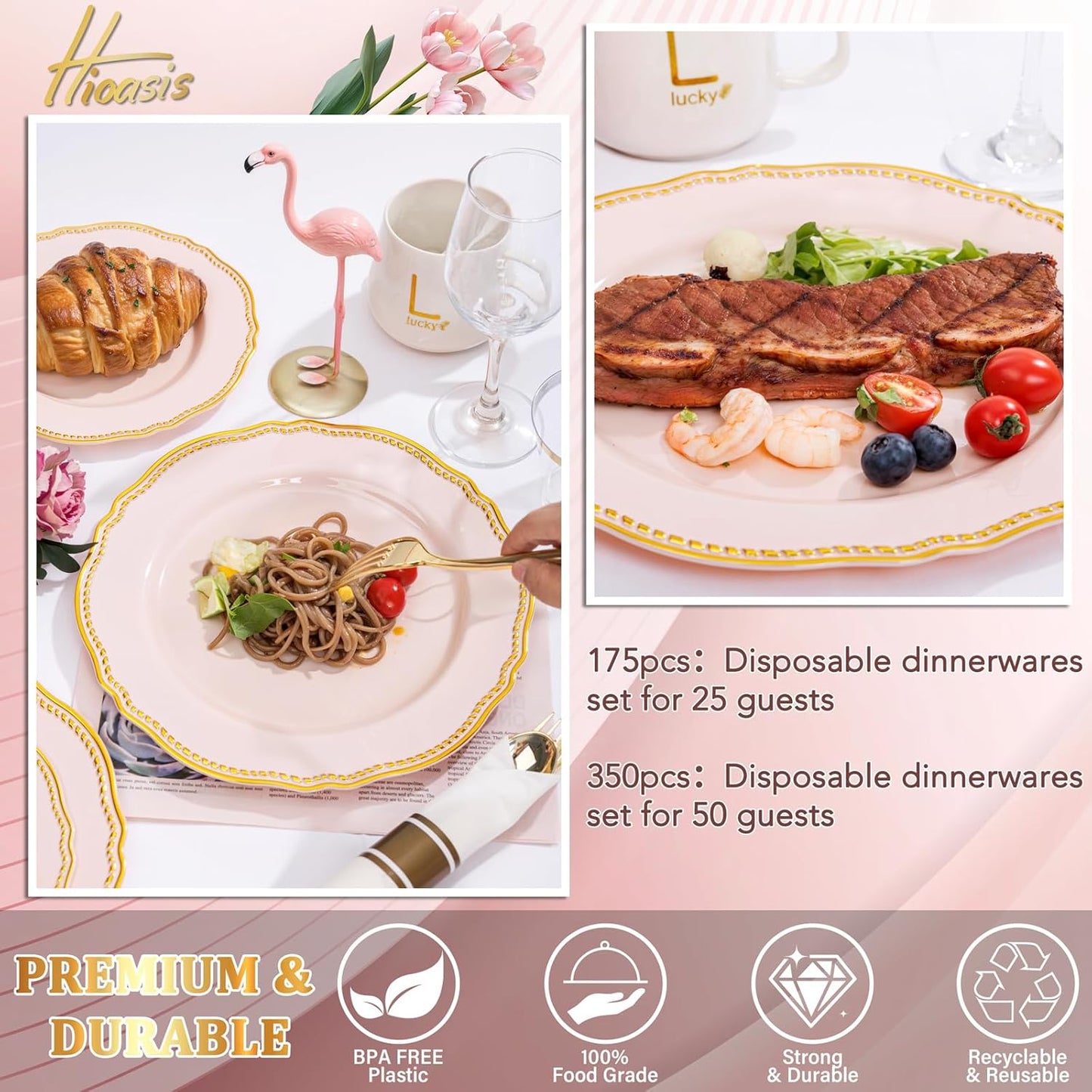 Hioasis 175pcs Pink and Gold Plastic Plates - Pink Plastic Dinnerware Set Includes 25 Dinner Plates, 25 Dessert Dinnerware, 25 Cups, 25 Napkins Perfect for Wedding & Party