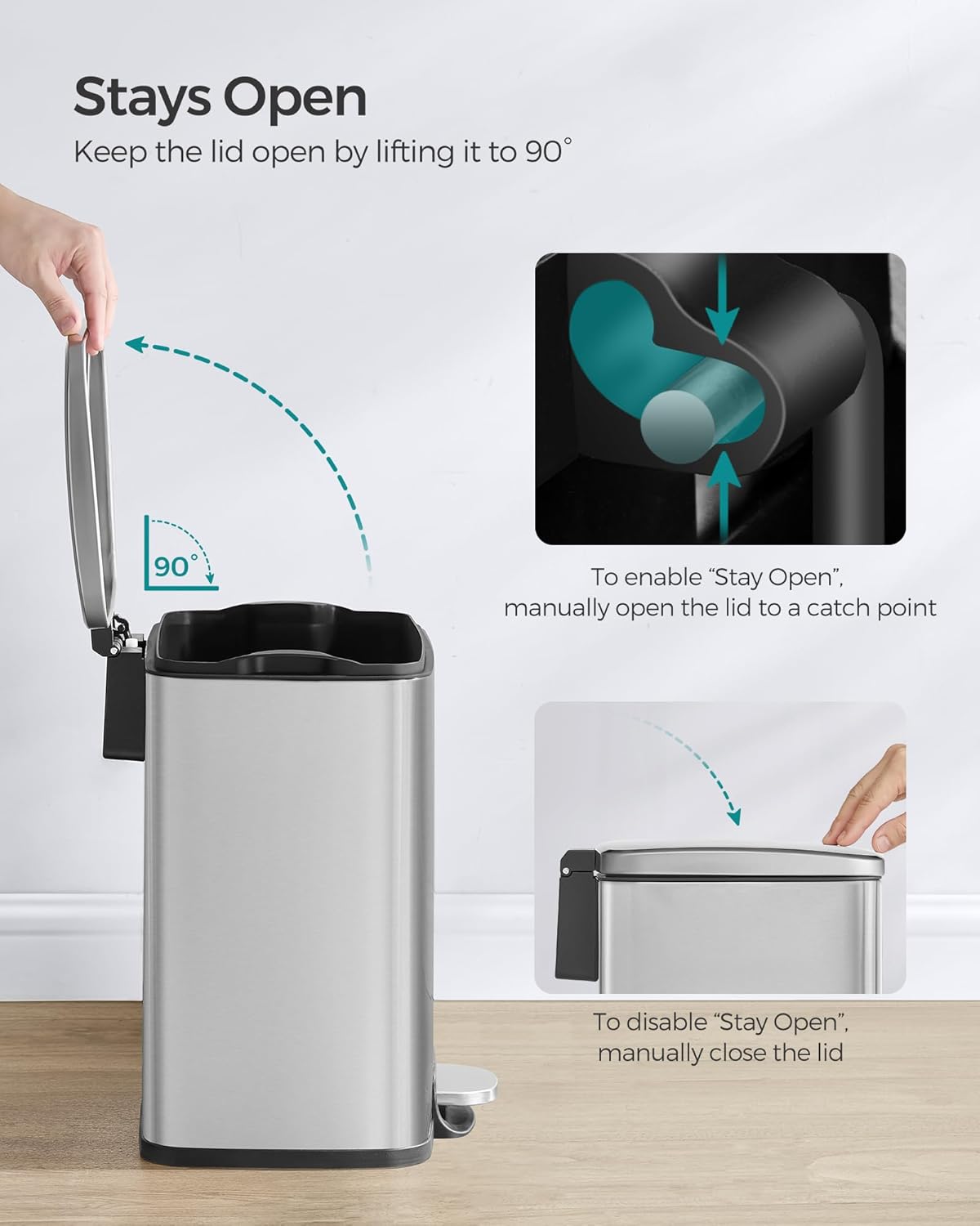 SONGMICS Trash Can, Garbage Can with Lid, 5.2-Gallon (20L) Step Trash Bin for Kitchen, Stainless Steel, Soft Close and Stays Open, Inner Bucket, Includes 15 Trash Bags, Silver ULTB543E01