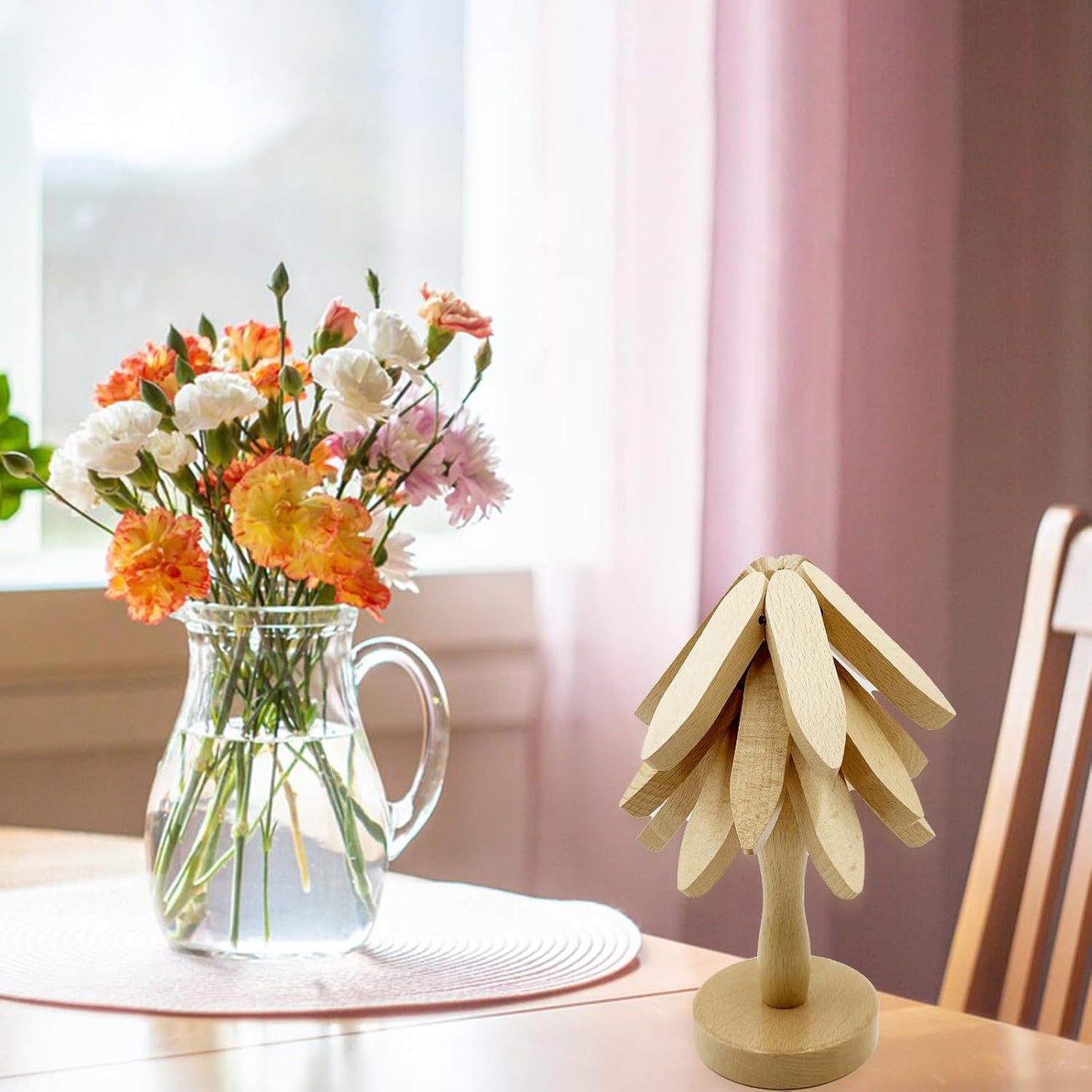 Cheardia Tree Trivet for Hot Dishes, Wooden Tree Shape Coasters Set, 3 Wooden Trivets and 1 Stand for Pot, Bowl, Teapot, Beech Wood