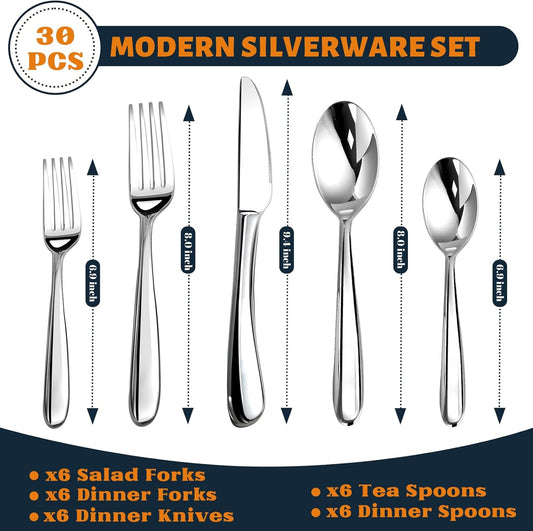 Silverware Set for 6, Heavy Duty Stainless Steel Cutlery Set Flatware Set,30 Piece Premium Silverware, Mirror Polished Modern Cutlery include Fork Knife Spoon Set,Dishwasher Safe