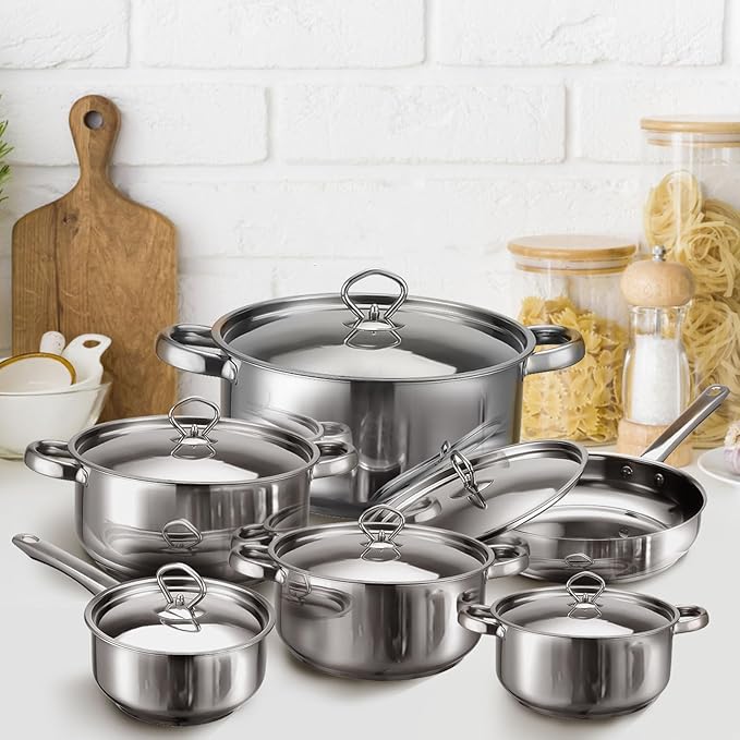 Cookware Set - 15 Piece Stainless Steel Cookware Set, Includes 6 Pots and Pans, 6 Lids and 3 Utensils, Fixed Handles, Induction Safe and Dishwasher Safe