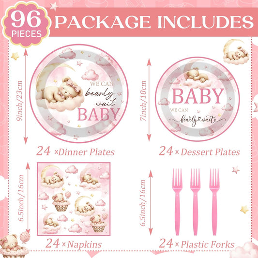 Bear Disposable Party Plates - 96 Pcs Pink We Can Bearly Wait Baby Shower Decorations for Girls Cute Gender Reveal Napkins Forks Tableware Set Supplies Shortcake Dinnerware Serves 24 Guests