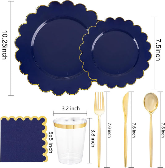 LIYH 210 Pcs Navy Blue Plastic Plates - 4th of July Party Decorations for Independence Day,Blue Plastic Scalloped Plates Disposable Gold Silverware for Wedding & Party
