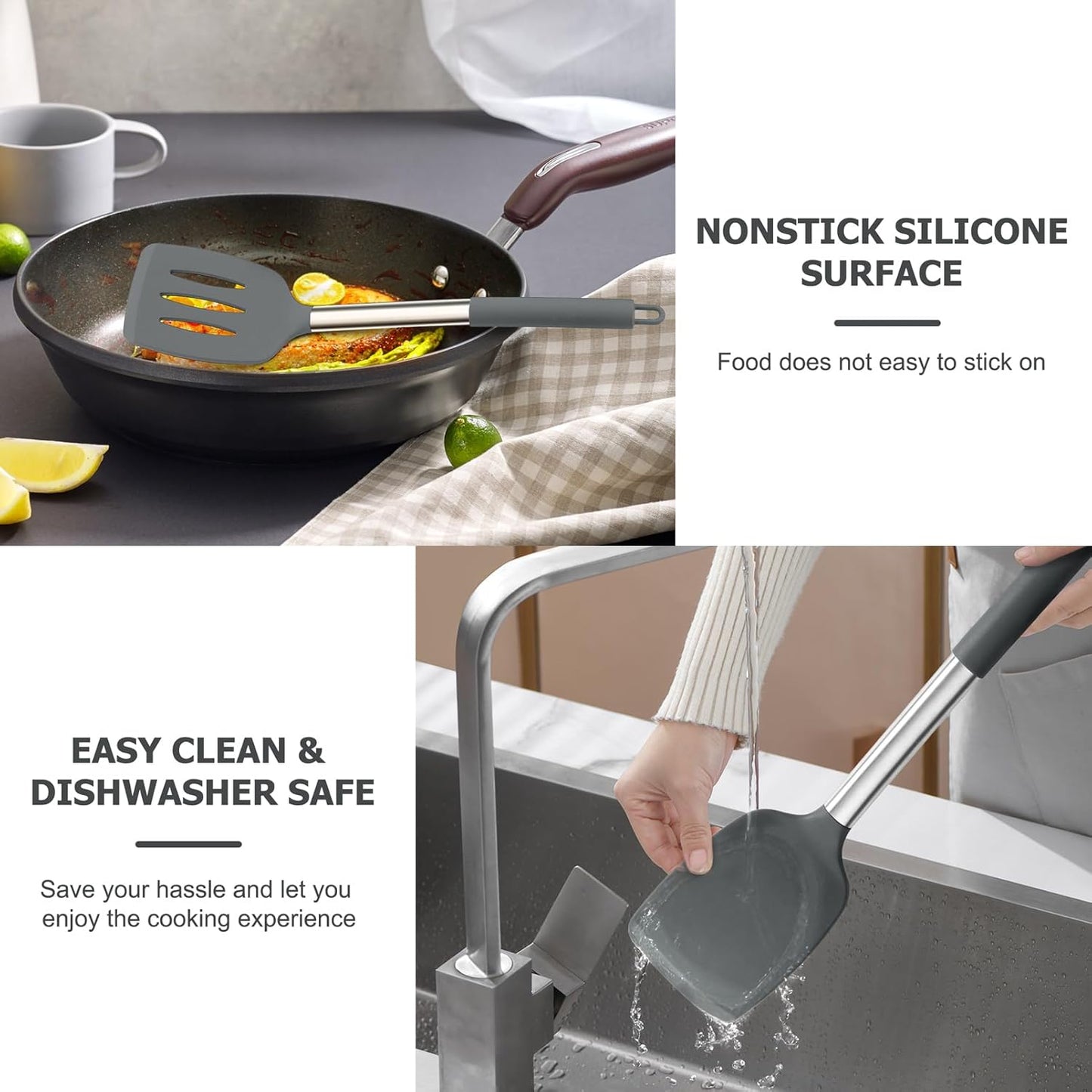 TeamFar Kitchen Utensils, 4PCS Heat-proof Silicone Cooking Utensils Set Slotted Spatula Solid Turner Spoon with Stainless Steel Handle, for Non-stick Cookware Flipping, Frying, Draining – Gray