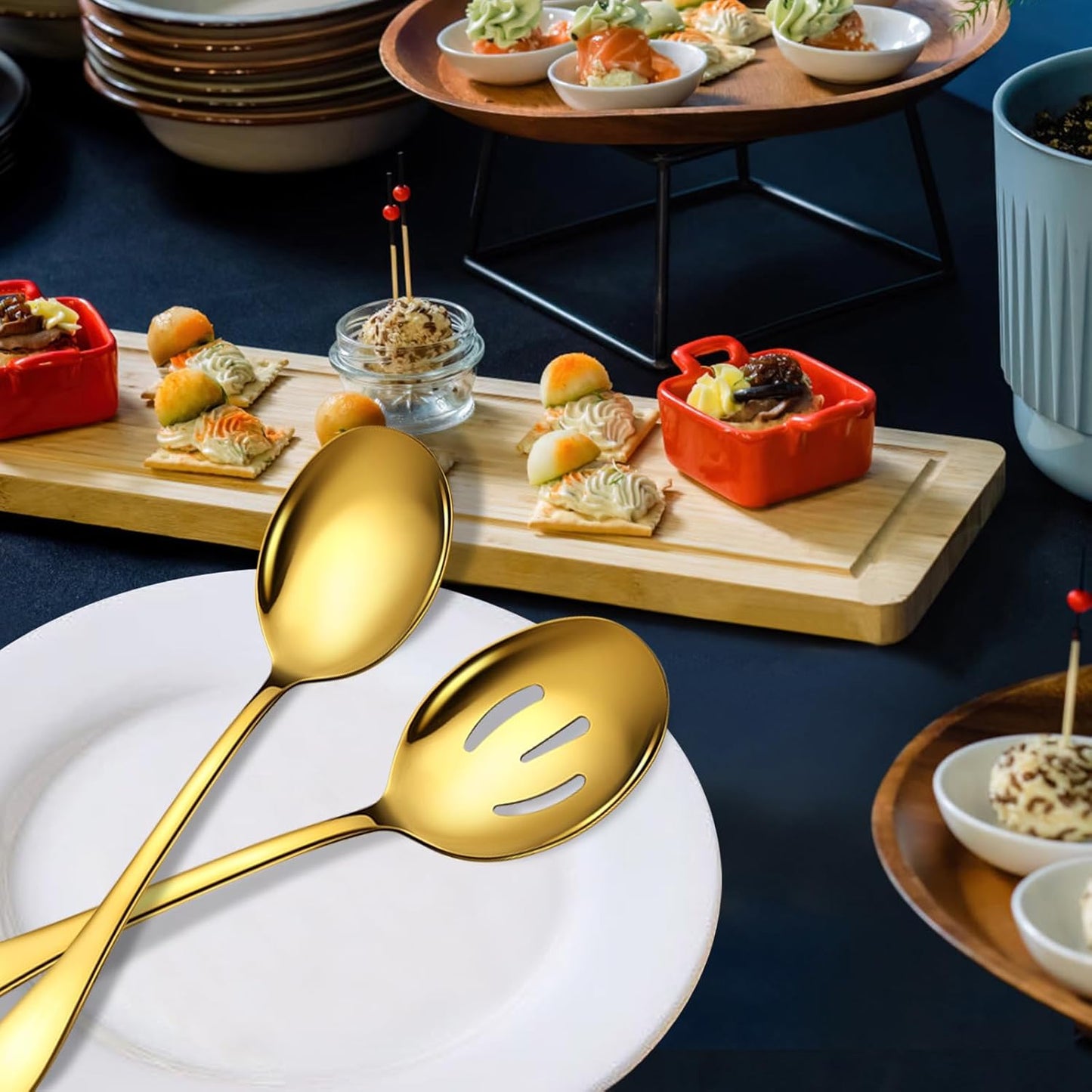 Stainless Steel Serving Spoons Set, 8pc, 10-Inch, Includes 4 Large, 4 Slotted, for Parties/Kitchen/Buffet/Catering, Dishwasher Safe, Gold