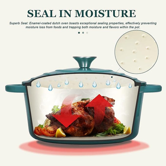 Overmont Enameled Cast Iron Dutch Oven - 4.5QT Pot with Lid Cookbook & Cotton Potholders - Heavy-Duty Cookware for Braising, Stews, Roasting, Bread Baking bottle green