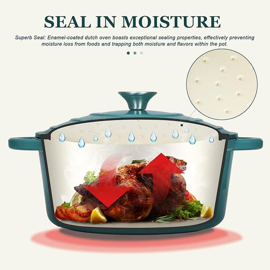 Overmont Enameled Cast Iron Dutch Oven - 7QT Pot with Lid Cookbook & Cotton Potholders - Heavy-Duty Cookware for Braising, Stews, Roasting, Bread Baking bottle green