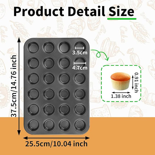 Beasea Mini Muffin Pan 24 Cups Nonstick, 1 Pack 24 Mini Small Cup Non Stick Muffin Baking Pan Tin Tray Carbon Steel Bakeware Individual Cupcake Baking Pan - Black
