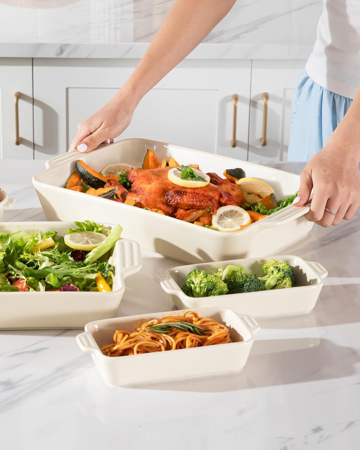 Sweejar Ceramic Bakeware Set of 4, Casserole Dishes for Oven, Rectangular Baking Dish with Handles, Lasagna Pans Deep for Cooking, Gratin, Roasting, Banquet and Daily Use (Beige)