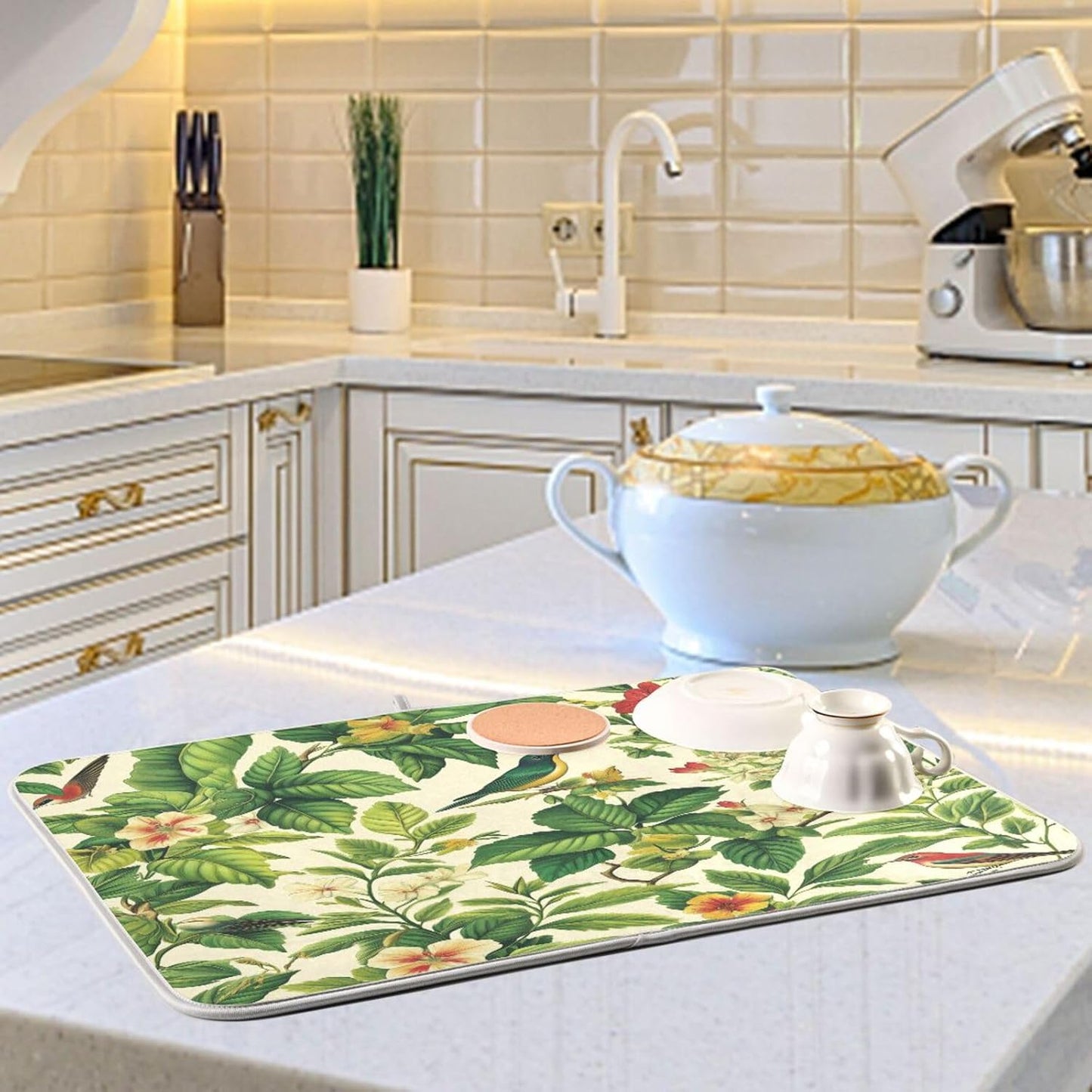 Green Leaf Bird Flower Dish Drying Mat for Kitchen Counter Super Absorbent Dishes Pad Reversible Microfiber Protector Dish Draining Mats 18x24 inch