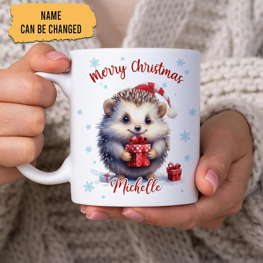 Hyturtle Personalized Gifts Hedgehog Lover - Hedgehog Wearing Santa Hat Custom Name Ceramic Coffee Mug Cup 11oz - Cute Animal Lovers Gifts For Women, Girl kids Family On Birthday, Christmas