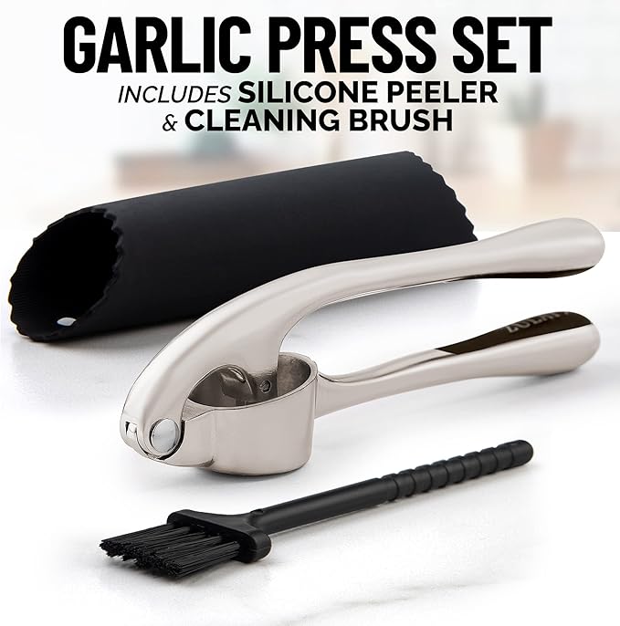 Zulay Kitchen Premium Garlic Press Set - Rust Proof & Dishwasher Safe Professional Garlic Mincer Tool - Easy-Squeeze, Easy-Clean with Soft, Ergonomic Handle - Silicone Garlic Peeler & Brush (Silver)