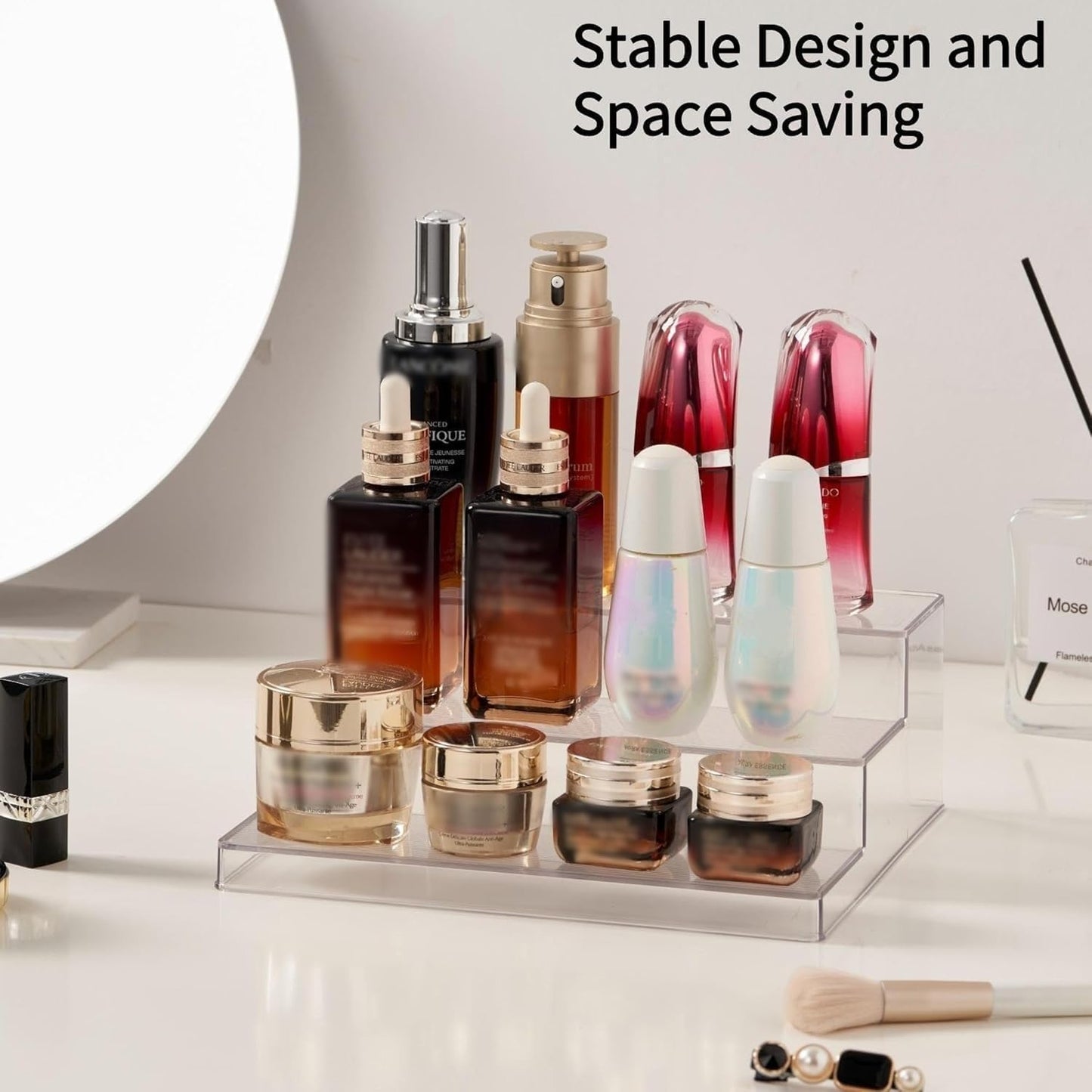 vacane Clear Spice Rack, 3 Tiered Shelf Spice Organizer for Cabinet, Spice Shelf and Jar Organizers Make Up Organization Great for Pantry, Bathroom, Kitchen, Bedroom, Office