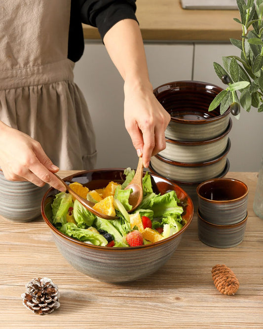 Hasense Serving Bowls, 84 Ounce Ceramic Serving Dishes for Salad Pasta Soup Pho, 9 Inch Mixing Bowls for Baking, Cooking, Kitchen, Party,Dinner, Microwave Dishwasher Safe, Set of 2, Light Grey