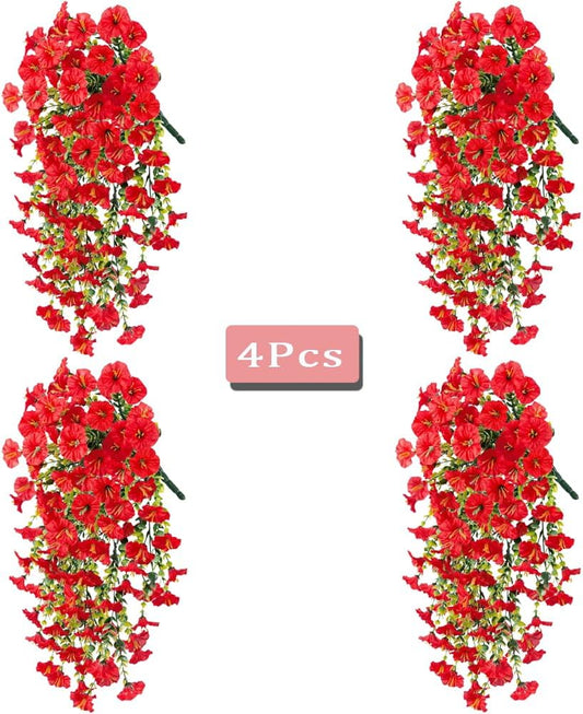 Jasion 4 Bundles Artificial Hanging Flowers Outdoor Realistic Morning Glory Silk Fake Plants UV Resistant for Porch Balcony Fence Decor (Red)
