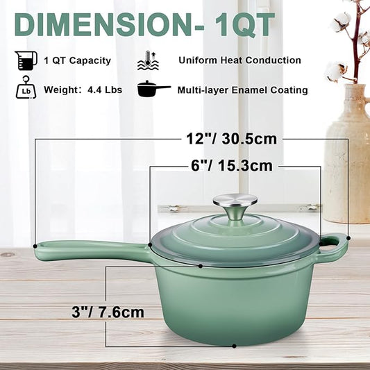 Enameled Cast Iron Sauce Pan with Lid, Leonyo 1 Quart Saucepan with Lid, Enamel Cast Iron Dutch Oven Kitchen Cookware for All Cooktops Cooking Soup, Milk - Up to 500°F & 4.4Lbs, Pistachio Green