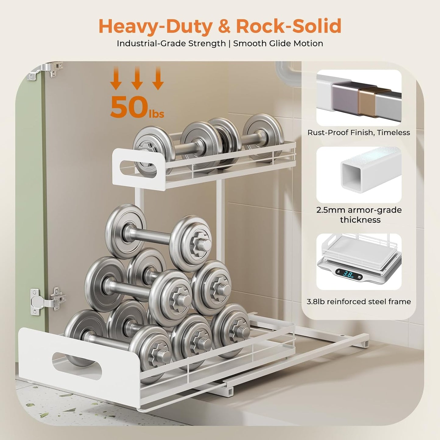 Delamu 2 Pack Metal Bathroom Organizers and Storage, 2 Tier Pull Out Under Sink Organizer with 2 Small Baskets, Adjustable Under Sink Shelf for Multipurpose Cabinet Organizer, White