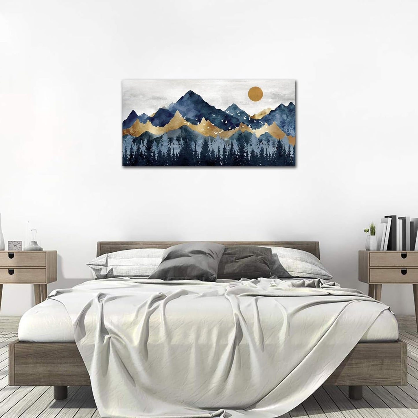 Abstract Nordic Canvas Wall Art - Indigo Blue and Brown Mountain Forest Picture Wall Decor Sun Birds Canvas Painting Nature Landscape Prints Artwork for Living Room Bedroom Decoration 29" x 58"