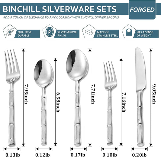 Bamboo 20-Piece Silverware Set, Stainless Steel Flatware Set, Cutlery Set Mirror Polished, Dishwasher Safe, Service for 4