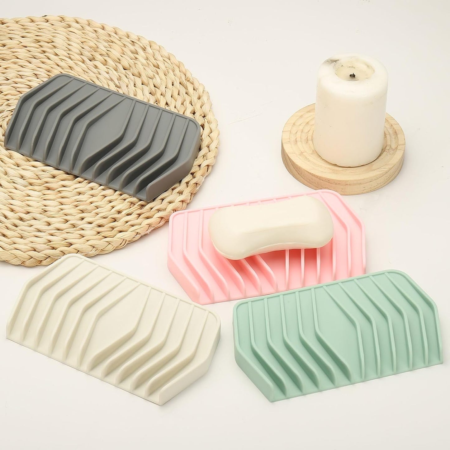 uxcell 2Pcs Soap Dish with Drainage, Silicone Self Draining Soap Bar Holder Sponge Shampoo Bars Tray for Bathroom, Shower, Bathtub, Kitchen, or Countertop(Beige White)