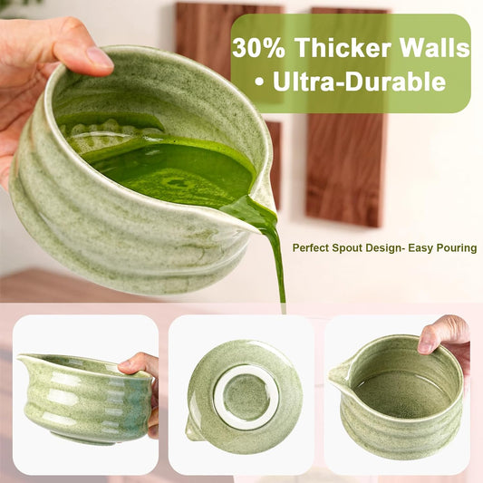 Matcha Whisk Set, 7Pcs Matcha Set - Matcha Bowl with Spout, Handcrafted Bamboo Whisk & Ceramic Holder, Steel Sifter, Towel, Matcha Kit for Tea Ceremony, Timeless Ideal Gift (Speckled green)