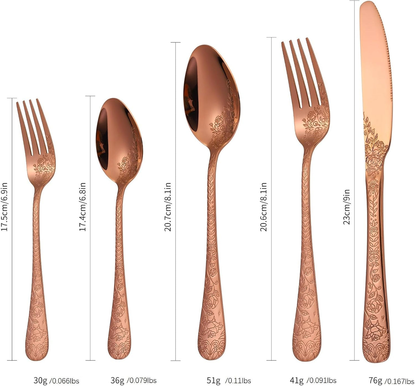 Vintage Flatware Copper/Rose Gold Floral Silverware 30 Piece Stainless Steel Set for 6 Cutlery Utensils Unique Embossed Pattern Design Elegant Home Kitchen Restaurant Festival Parties…