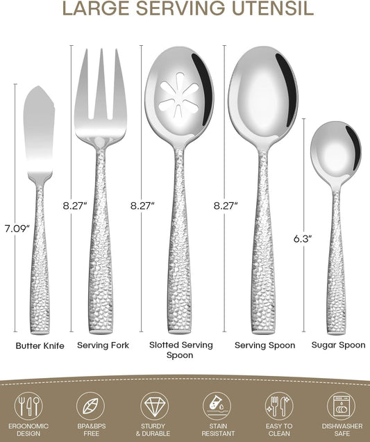 Stainless Steel Large Serving Utensil Set with Hammered Serving Spoon,Slotted, Fork,Butter Knife,Sugar Spoon Hostess Serving Utensil Set for Parties,Buffet,Dishwasher Safe