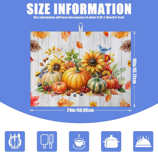 Sunflower Pumpkin Dish Drying Mat for Kitchen Counter drying Pad Absorbent Reversible Dish Drainer Rack Mats Draining Pad 18"x24"Inch