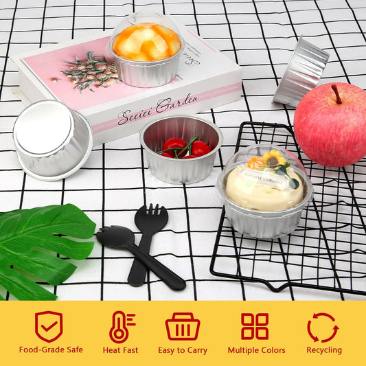 Cupcake Liners with Dome Lids 50 Pack,Free-Air 5oz Aluminum Foil Baking Cups Muffin Tin,Souffle Dessert Pudding Ramekin Holders for Individual Bakery Wedding Birthday Party,with 50 Spoons-Silver