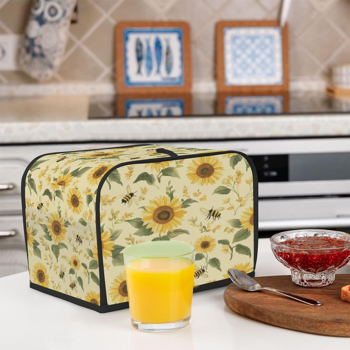 2 Slice Toaster Cover,Sunflower Bee On Retro Small Kitchen Appliance Bread Machine Cover with Pockets,Dust & Fingerprint Protection
