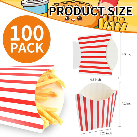 100 Pack 4oz French Fry Box Small French Fry Containers Black and White Stripes French Fry Holder Disposable Popcorn Cups Paper Takeout Boxes for Black and White Party (Red, 100 pack)