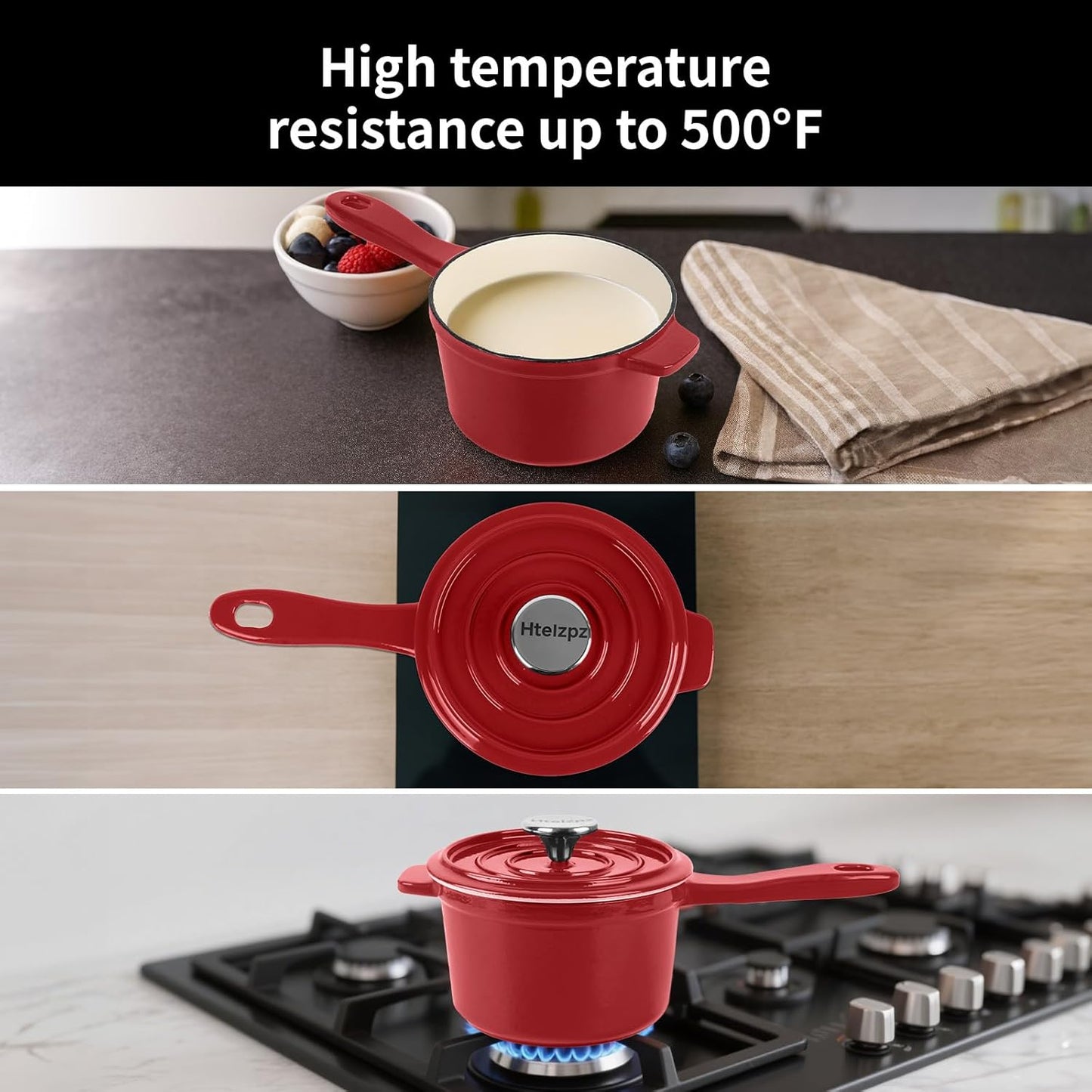 Enameled Cast Iron Sauce Pan with Lid, 1.7 Quart Saucepan with Lid, Small Dutch Oven Pot, Suitable for Small Portions of Soup, Sauces, Oatmeal, Red