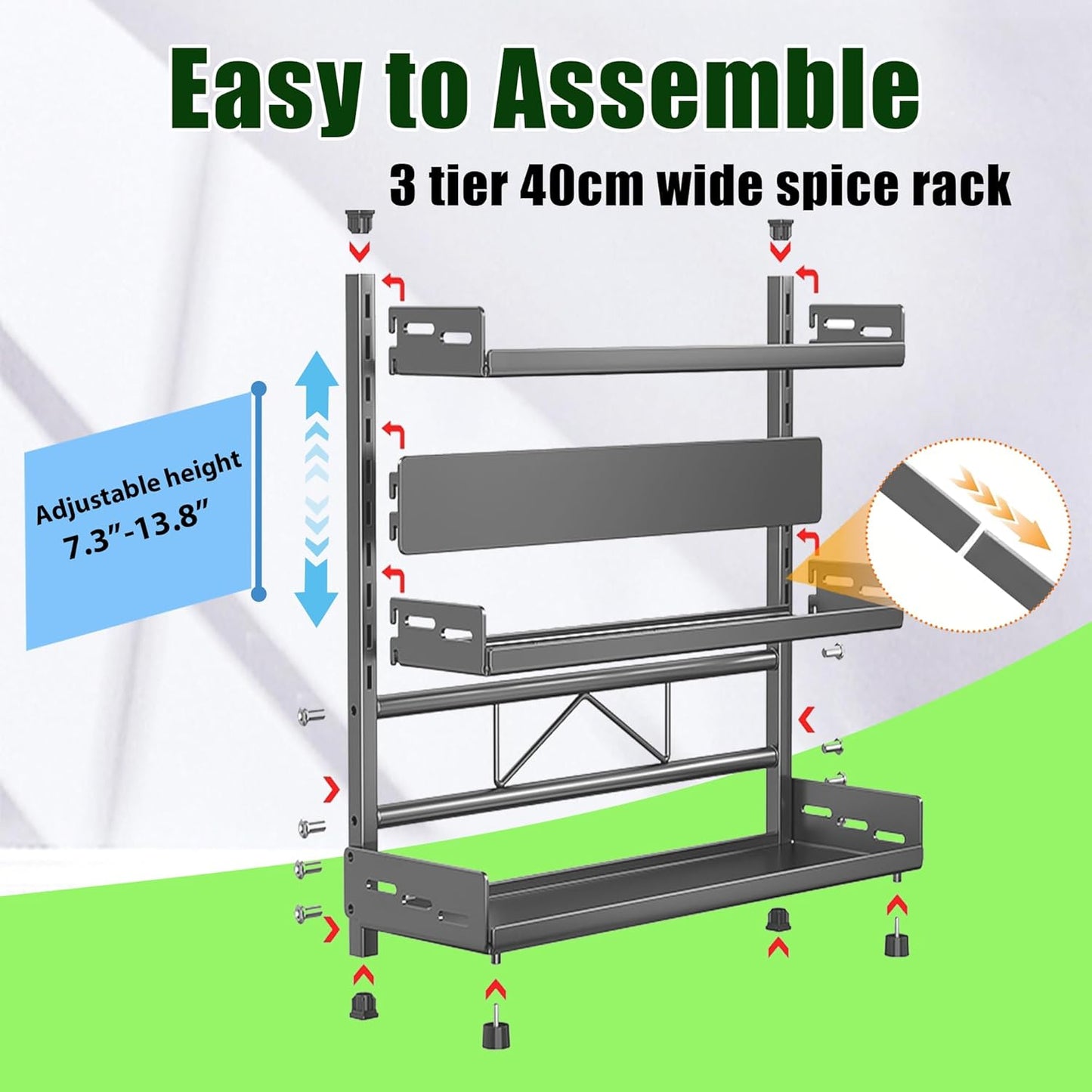 Spice Organization for Cabinet | 3 Tier Standing Height-Adjustable Spice Rack | Large Metal Rust-Proof Seasoning Organizer | Kitchen Storage Organization Shelf for Pantry Bathroom (3-40CM Grey)