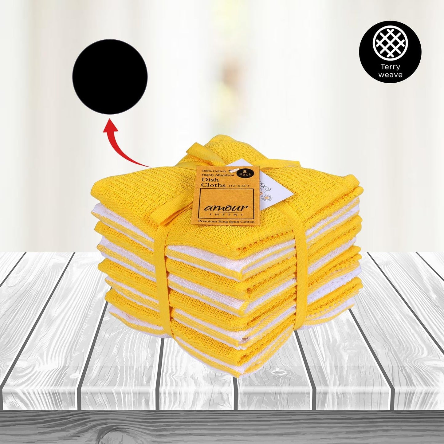 AMOUR INFINI Dish Cloths for Washing Dishes Set of 8 - Highly Absorbent, Super Soft Kitchen Dishcloths - Reusable Quick Dry Dish Rags for Cleaning & Drying Kitchen Linens (12x12 Inch - Yellow)