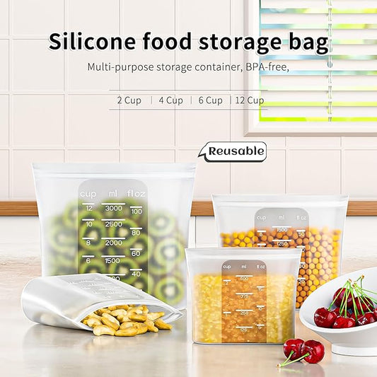 Bangp Premium Silicone Reusable Food Storage Bags,4 Pack(100oz, 50oz, 30oz,15oz),New Generation Stand Up Zip Freezer Bags,Sandwich Snack Bags,Healthy Food Storage Containers,Leak-free,Dishwasher Safe