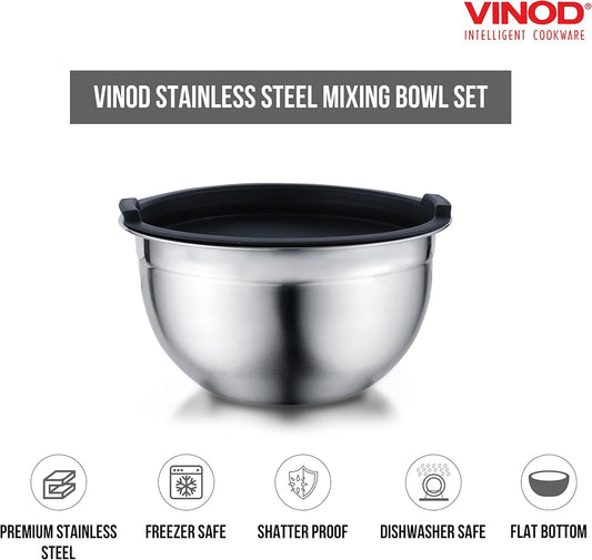 Vinod Cookware Stainless Steel Mixing Bowls with Lids - Heavy Duty Flat Bottom Stackable Mixing Bowl Set - Bowl for Meal Prep, Cooking, Mixing & Serve - Space Saving & Easy Clean - Set of 5