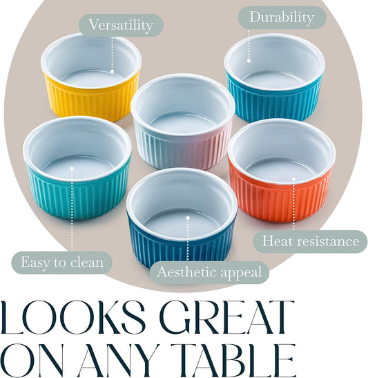Bellemain 4 oz Porcelain Mini Bowls | Ramekins, Custard Cups, Mini Cheesecake Pans, Small Baking Dish, Dipping Sauce Bowls, Small Casserole Dishes, Ramekins Oven Safe to 500F, Set of 6 (Multi)