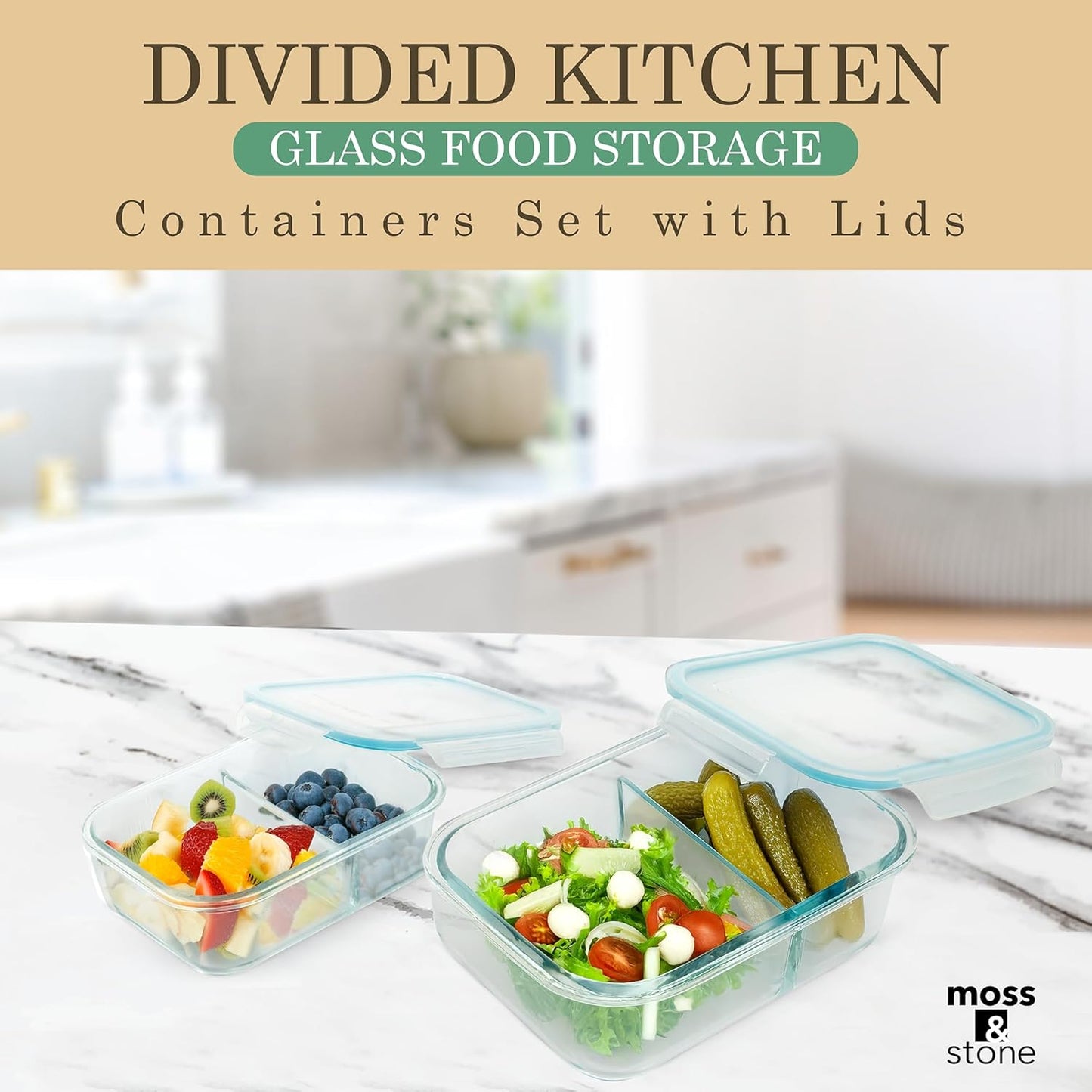 Moss & Stone 4-Pack Divided Kitchen Glass Food Storage Containers Set with Lids – Reusable 2-Compartment Glass Meal Prep Containers for Kitchen, Lunch or Fridge, Airtight Snap-Lock – 2 Sizes Included
