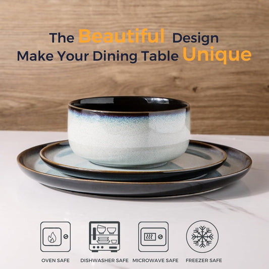 LeRatio Ceramic Dinnerware Sets for 6,Porcelain Plates and Bowls Sets,Handmade Reactive Glaze Dishes Set,Chip Resistant and Scratch Resistant | Oven&Dishwasher & Microwave Safe-Gray White(18PCS)