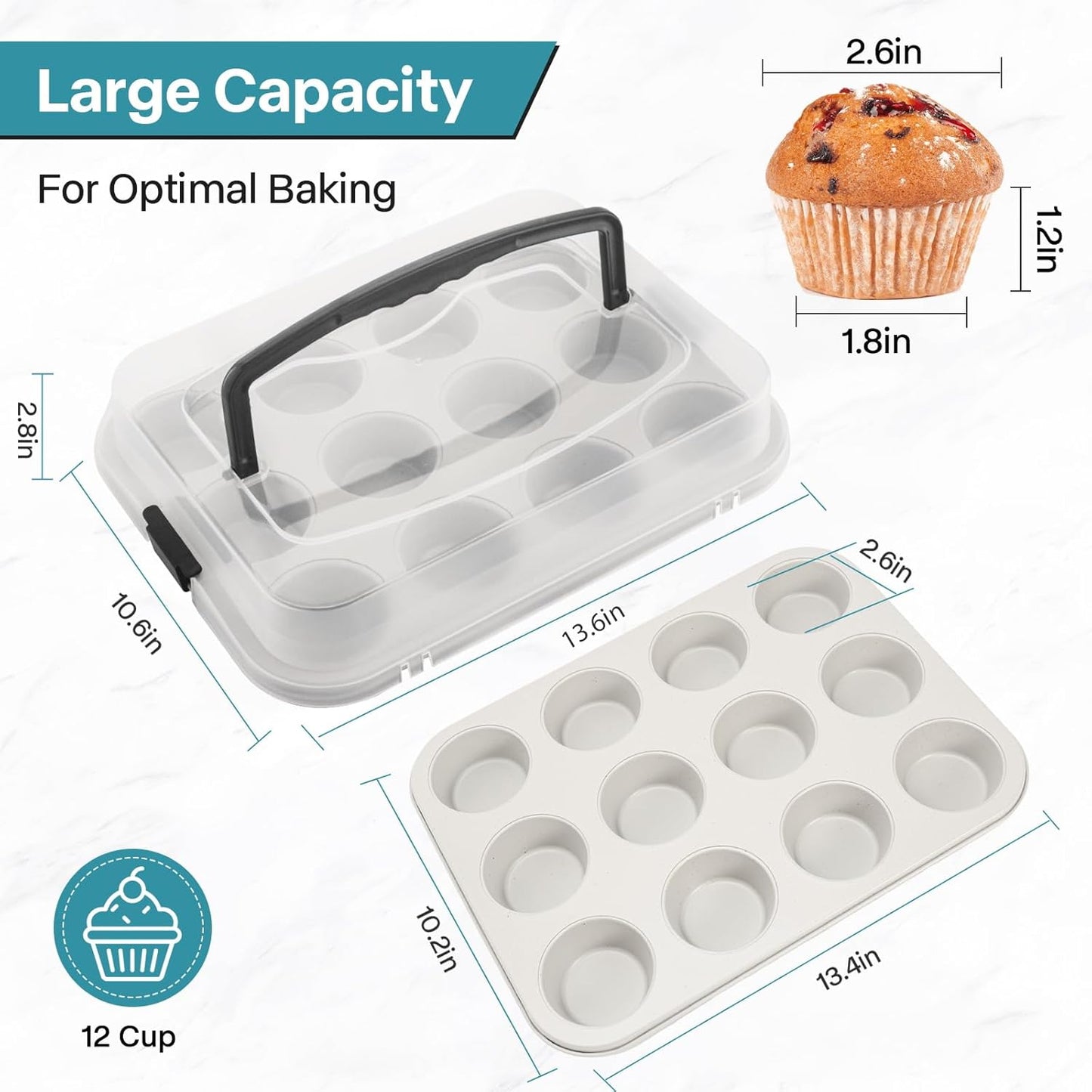 2-Pack Beige Muffin Pan, Non-Stick 12-Cup Cupcake Pan with Lid, Cupcake Pan with Lid and Handle, Perfect for Holidays, Birthdays, and Family Gatherings