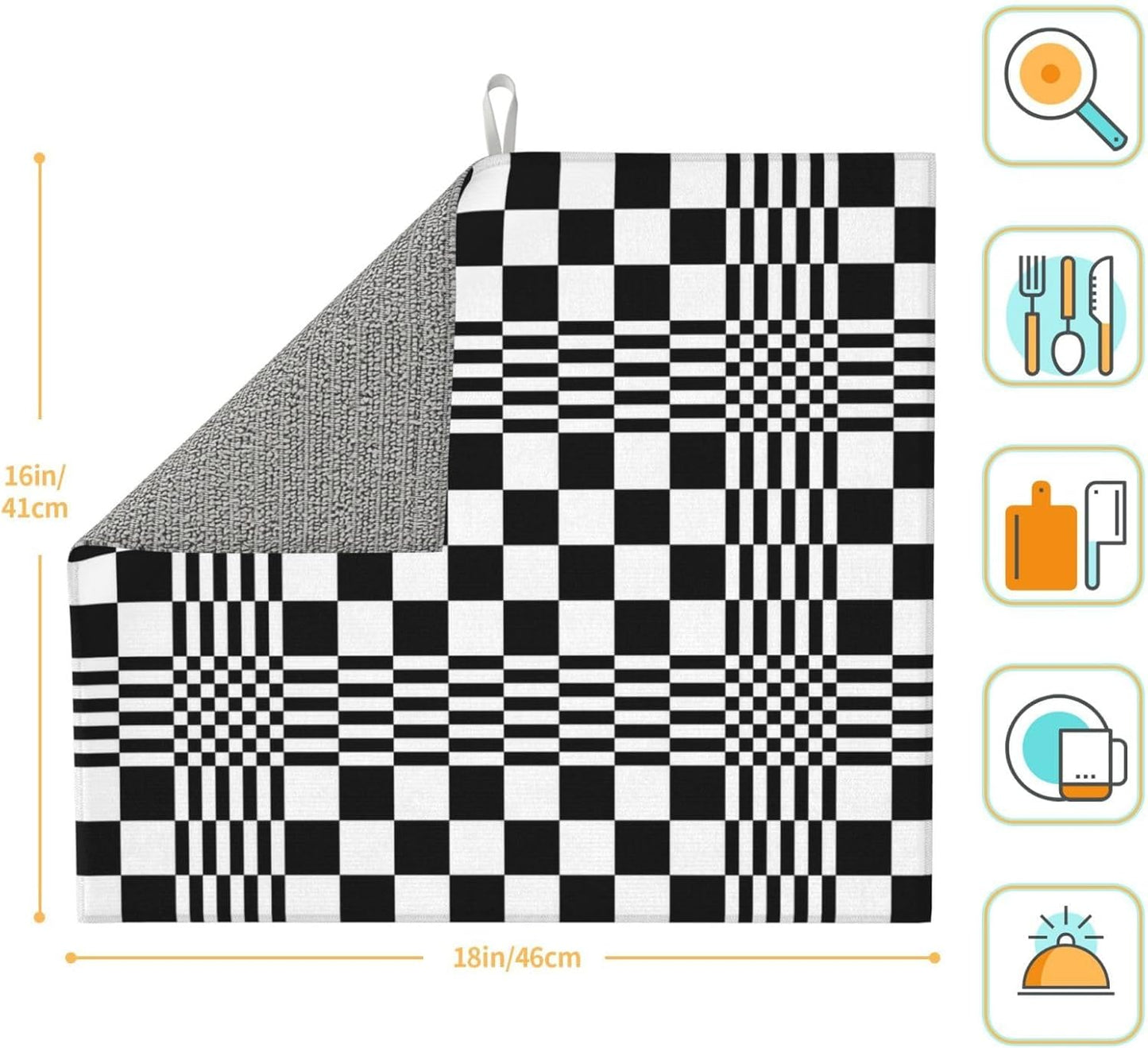 Black White Checkerboard Optical Art Dish Drying Mat for Kitchen Counter & Sink, Absorbent Microfiber Drying Pad for Dishes, Foldable Modern Geometric Kitchen Mat for Dining Area Home Decor, 16" x 18"