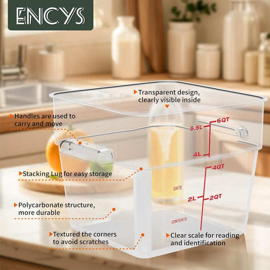 6 Quart Set of 4 Food Storage Containers,Food Containers with Lids and Handles,Square Commercial Food Containers for Kitchen, Restaurant,Refrigeration etc