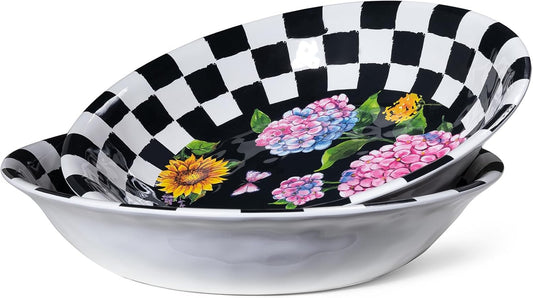 LEHAHA Melamine Large Serving Bowls, Set of 2, Sunflower 13.75" x 2.75" (130 OZ) Pasta and Salad Bowl, Black Plaid Durable for Kitchen, Dishwasher Safe