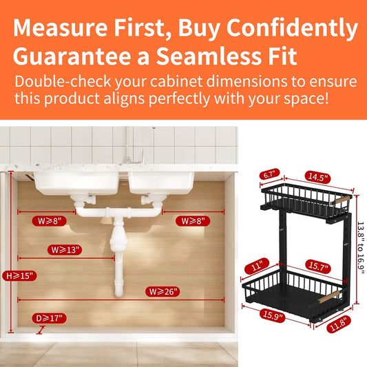 Under Sink Organizer, Under Sink Organizers and Storage, 2-Tier Pull Out Under Cabinet Organizer Storage Shelf, Metal Frame, Height Adjustable Rack for Bathroom Kitchen Pantry