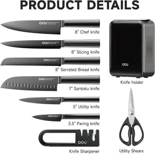 OOU Knife Set with Block and Sharpener,9 Pcs High Carbon German Steel Knife Block Set, Dishwasher Safe Knife Set with Upgrade Ventilated Block & Built-in Cutting Board Organizer, Anti-Rust
