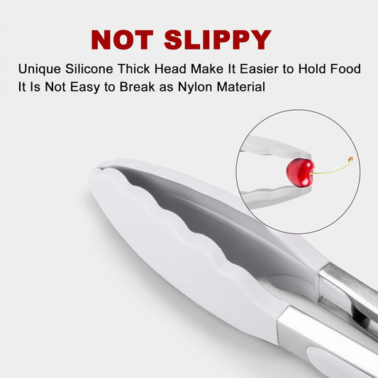 Premium Silicone Set of 2 Cooking Tongs, 9-Inch & 12-Inch BPA Free Non-Stick Stainless Steel BBQ Grilling Locking Food Tong, Light Grey