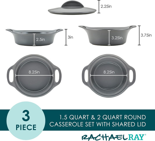 Rachael Ray Solid Glazed Ceramics Casserole Bakeware/Baker Set with Shared Lid, 3 Piece, Dark Gray