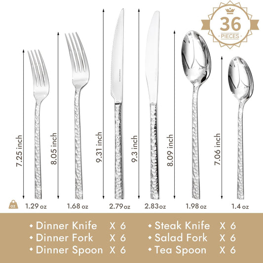 KINGSTONE 36 Piece Silverware Set with Steak Knives, Hammered Silverware Set for 6, 18/10 Stainless Steel Flatware, Cutlery Set for Home, Party, Wedding, Mirror Polished Dishwasher Safe
